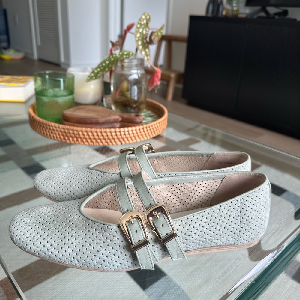 Dolce Vita Light Sea Foam Green and Gold Loafers with Perforated Texture